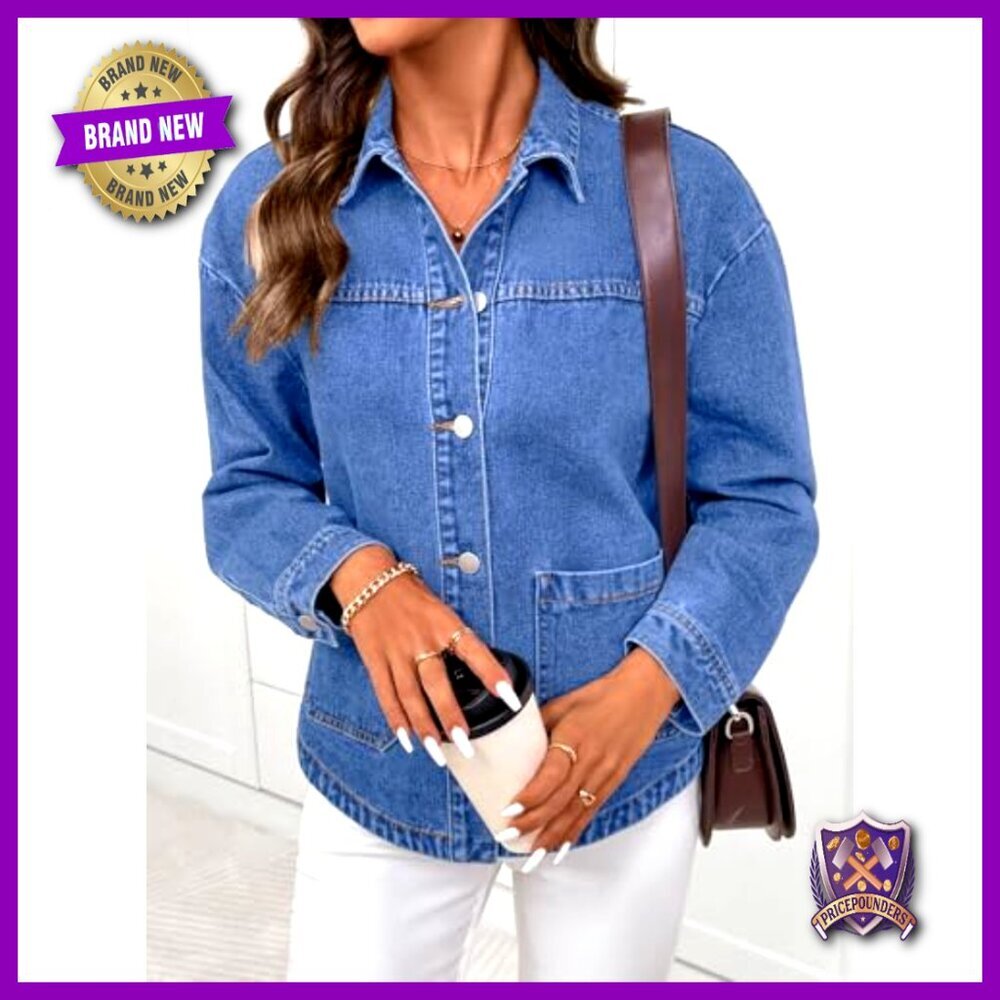 Oversized Denim Jacket Classic Boyfriend Fit Casual Chic Button Down Long Sleeve - Picture 3 of 7